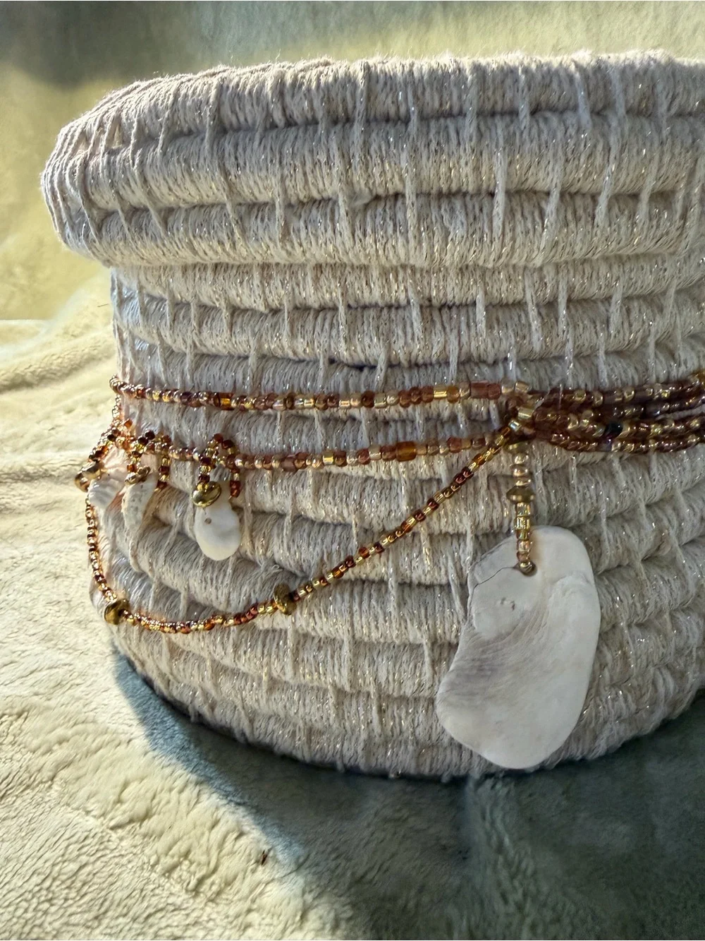 Handmade Art Coiled Basket  with Lid and embellishments of beading and shells